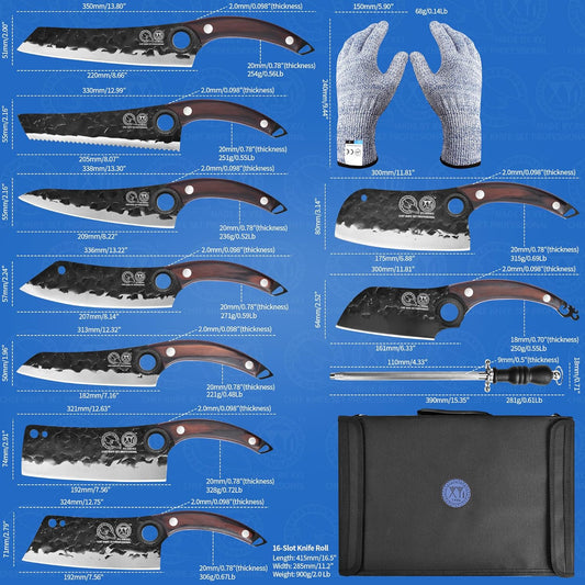 XYJ Knife Block Set, Professional Kitchen Knife Set with Magnetic Knife Block, Cutting Board, Honing Steel, High-Carbon Steel forged Blades, Chef's Knife, Cleaver, Carving Knife, Full Tang Design