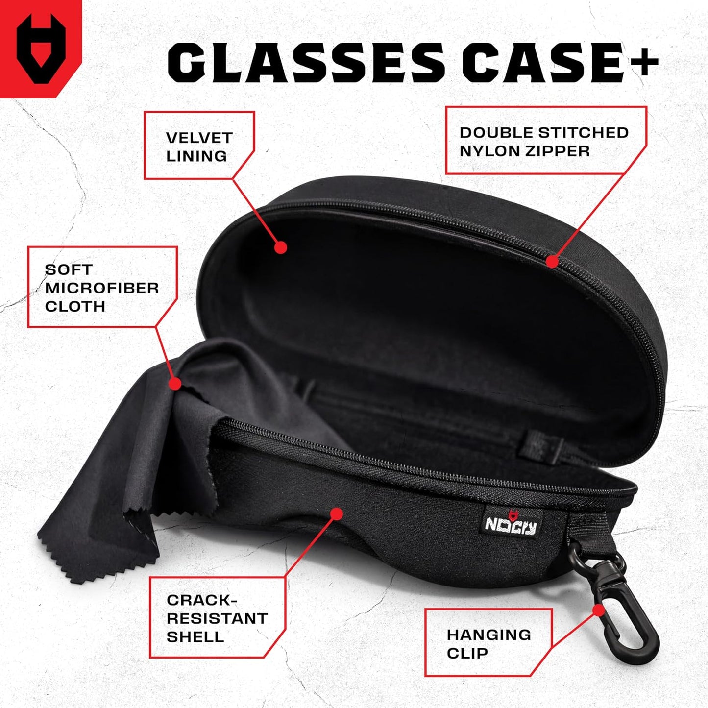 NoCry Water Resistant Safety Glasses Case with Clip - Heavy Duty Semi Hard Large Sunglasses Holder for Men and Women with Cleaning Cloth