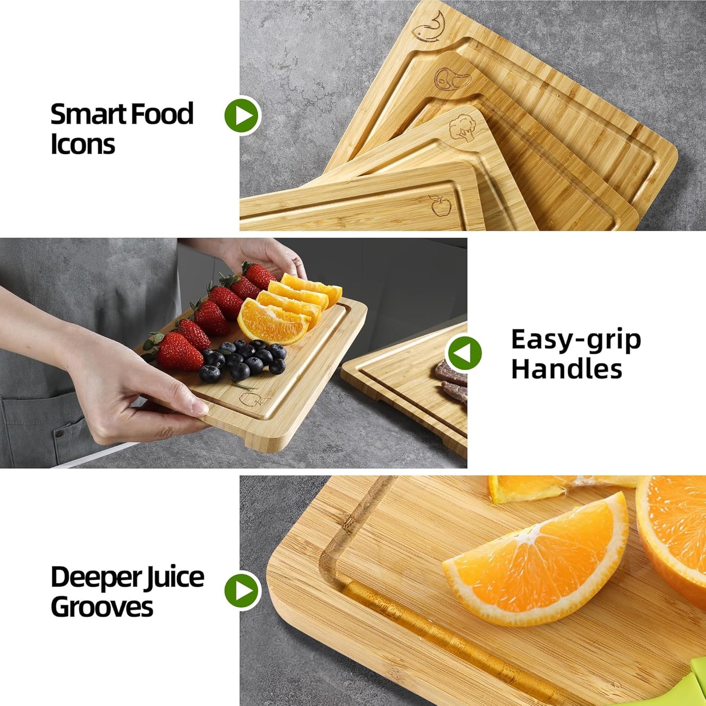 WILLKOMMEN 4-Piece Bamboo Cutting Boards for Kitchen, Chopping Board Set with Food Icon (Meat, Fish, Vegetables, Fruits) Butcher Block with Stands, Handles & Juice Grooves (Small, Medium, Large, XL)