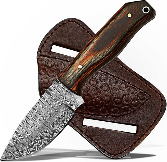 Damascus Steel Bushcraft Knife with Leather Sheath – 6" Fixed Blade Hunting Knife with Sheath for Men – Tactical Survival & Camping Knife for Outdoor Adventure