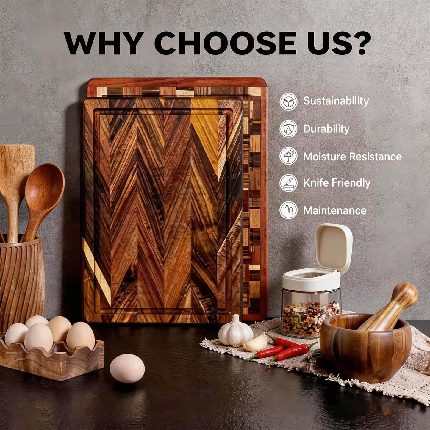 Acacia Wood Cutting Board Set for Kitchen, Large End Grain & Edge Grain Butcher Block with Juice Groove, Heavy Duty Wooden Chopping Board for Meat, Vegetables, Bread & Charcuterie