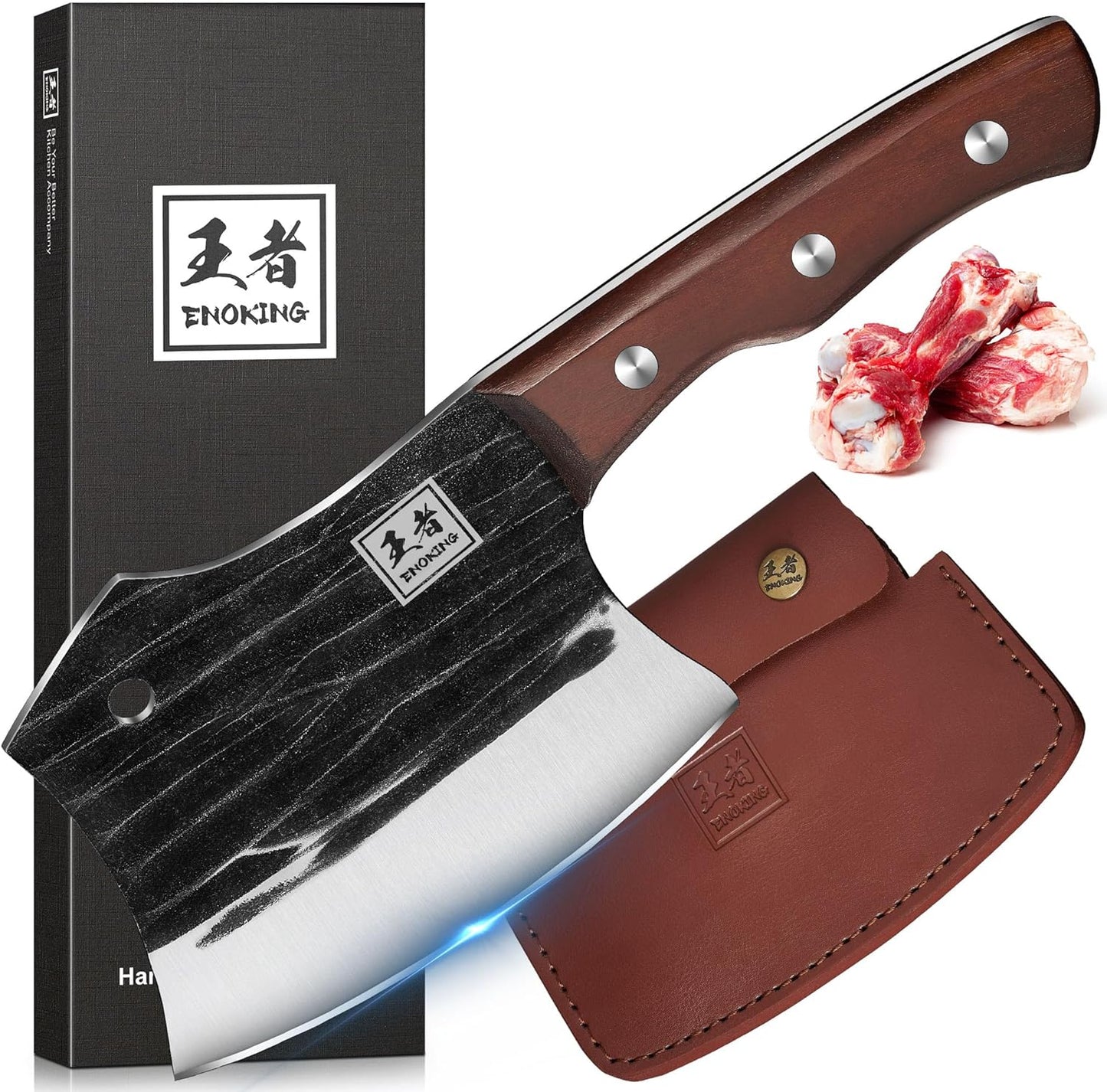 ENOKING 6.7" Serbian Chef Knife, Full Tang Vegetable Meat Cleaver for Kitchen, High-Carbon Stainless Steel Blade with Wooden Handle, Multipurpose Chopper Knife with Sheath & Gift Box