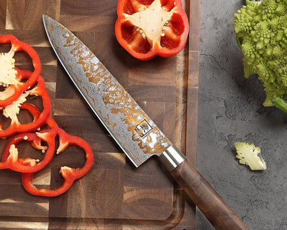 zayiko MysticMagma Nakiri Damascus Knife, 17 cm Blade made of 67 Layers of Damascus Steel with copper and bronze Inlay, DualCurve Handle made of maple root Wood, wooden Box