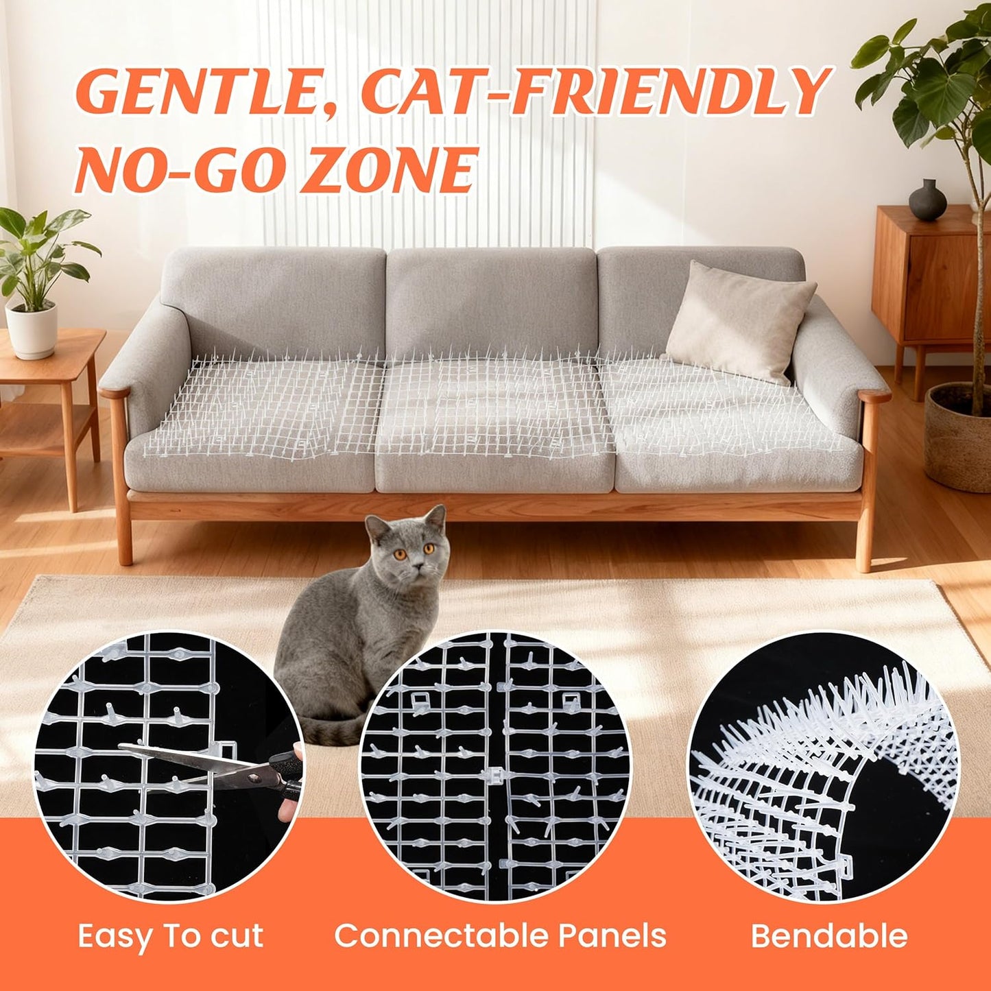 6.5ft Cat Scat Mat with Soft Spikes, Humane Indoor/Outdoor Cat Deterrent Mat for Garden, Countertops & Furniture, 78" x 11" Plastic Repellent Strip