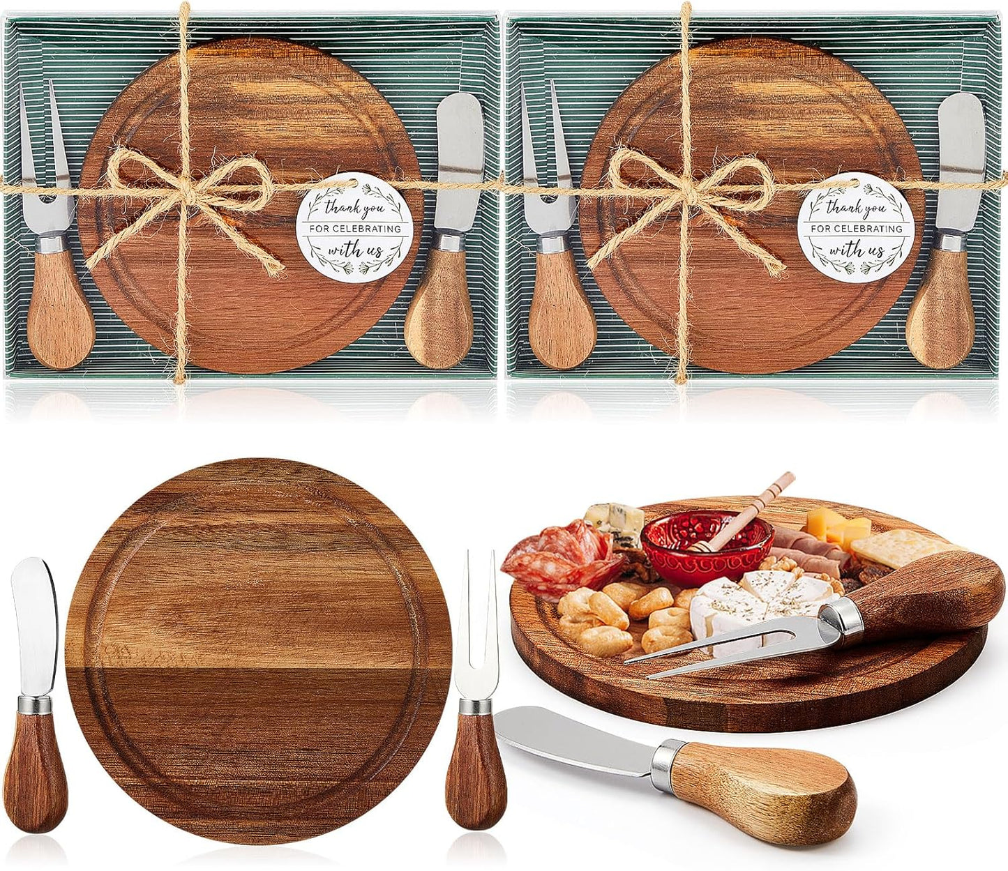 Maxcheck 18 Sets Baby Shower Bridal Game Prizes for Winners Round Cheese Board Set Wood Mini Charcuterie Board with Knives and Forks Thank You Card with Gift Box for Guests Wedding (Bamboo)