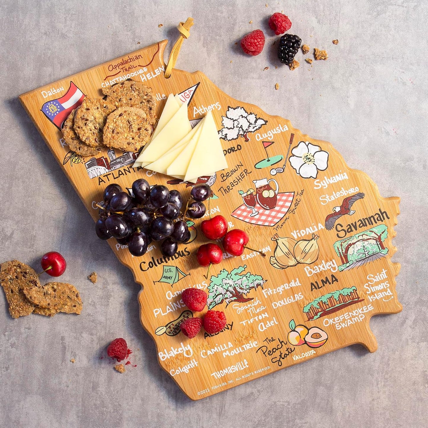 Totally Bamboo Tennessee State Shaped Cutting Board and Charcuterie Serving Platter with Artwork by Fish Kiss, Includes Hang Tie for Wall Display - Colors B