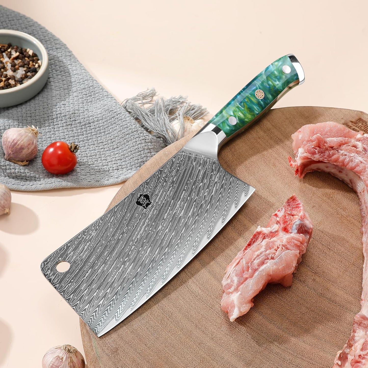 WILDMOK Meat Cleaver, 6.5 inch Heavy Duty Razor Sharp Kitchen Butcher Knife, Forged Damascus Steel, Resin Handle with gift box