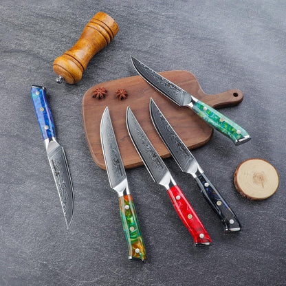 Steak Knives Set of 4, Ultra Sharp Non Serrated Kitchen Steak Knife 5 Inch - Damascus Steel & Resin Handle - Xuan Series (Sapphire Blue)
