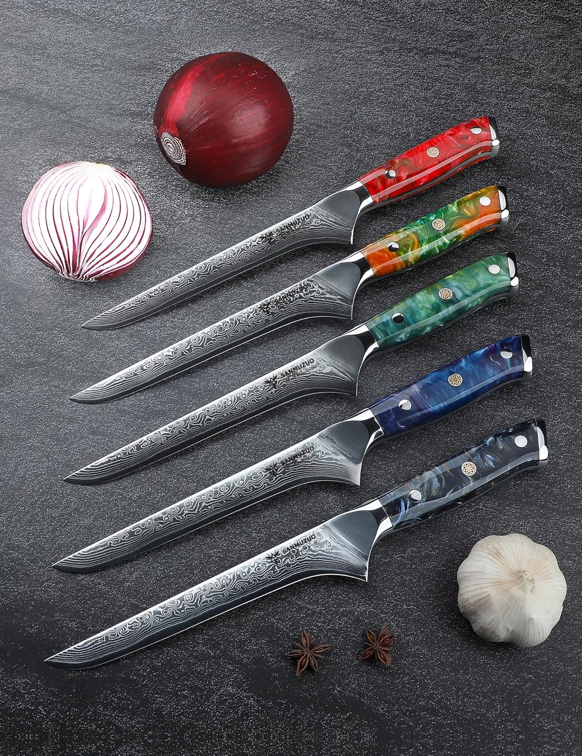 7 inch Fillet Knife, VG10 Damascus Steel Fish Boning Knife with Resin Handle - Xuan Series (Sunset Red)