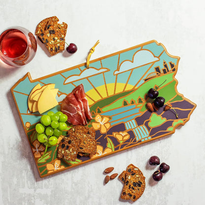 Totally Bamboo North Carolina State Shaped Cutting Board and Charcuterie Serving Platter with Artwork by Summer Stokes, Includes Hang Tie for Wall Display 18" x 8" x 5/8" - Colors A