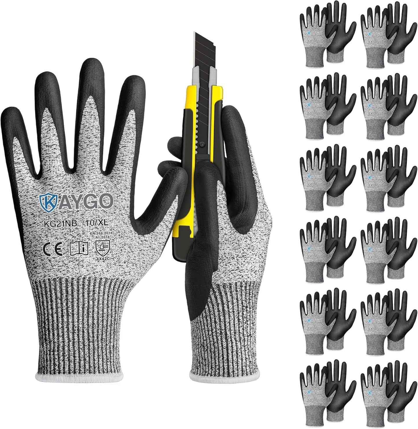 KAYGO 12 Pairs Cut Resistant Work Gloves for Men and Women,ANSI A3 Cutting Gloves,Nitrile Micro-Foam Safety Work Gloves KG21NB,Ideal for Wood Carving,Glass Handling, Construction,Fishing,Grey,S