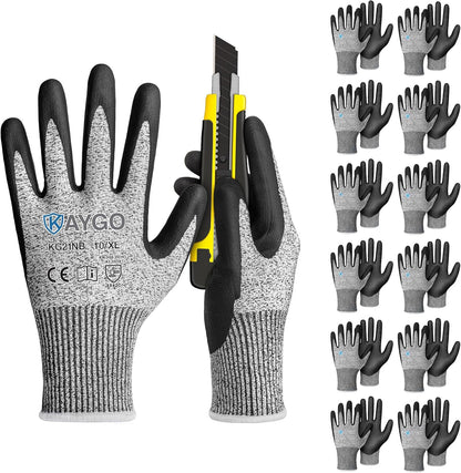 KAYGO 12 Pairs Cut Resistant Work Gloves for Men and Women,ANSI A3 Cutting Gloves,Nitrile Micro-Foam Safety Work Gloves KG21NB,Ideal for Wood Carving,Glass Handling, Construction,Fishing,Grey,S