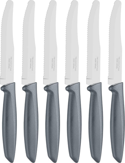 Tramontina Kitchen Knives Set of 6, Serrated Fruit Tomato Cooking Knife, Vegetable Chopper Peeler, Stainless Steel, Multipurpose, Pointed Tip, Brown, 23498454