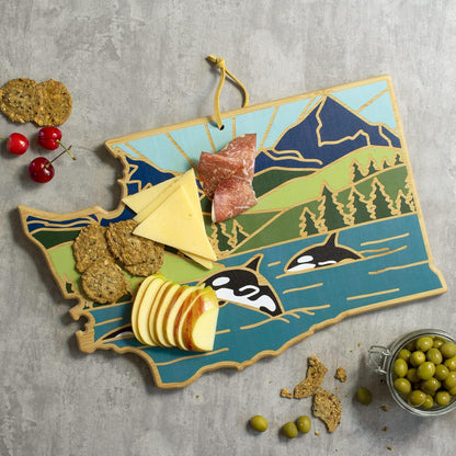 Totally Bamboo North Carolina State Shaped Cutting Board and Charcuterie Serving Platter with Artwork by Summer Stokes, Includes Hang Tie for Wall Display 18" x 8" x 5/8" - Colors B