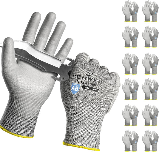 Schwer 12 Pairs ANSI A5 Cut Resistant Work Gloves, Cut Proof Gloves with PU Coating, Used for Metal Fabrication, WoodWorking, Construction, Non Slip, Durable, Non PFAS, L, CR3088