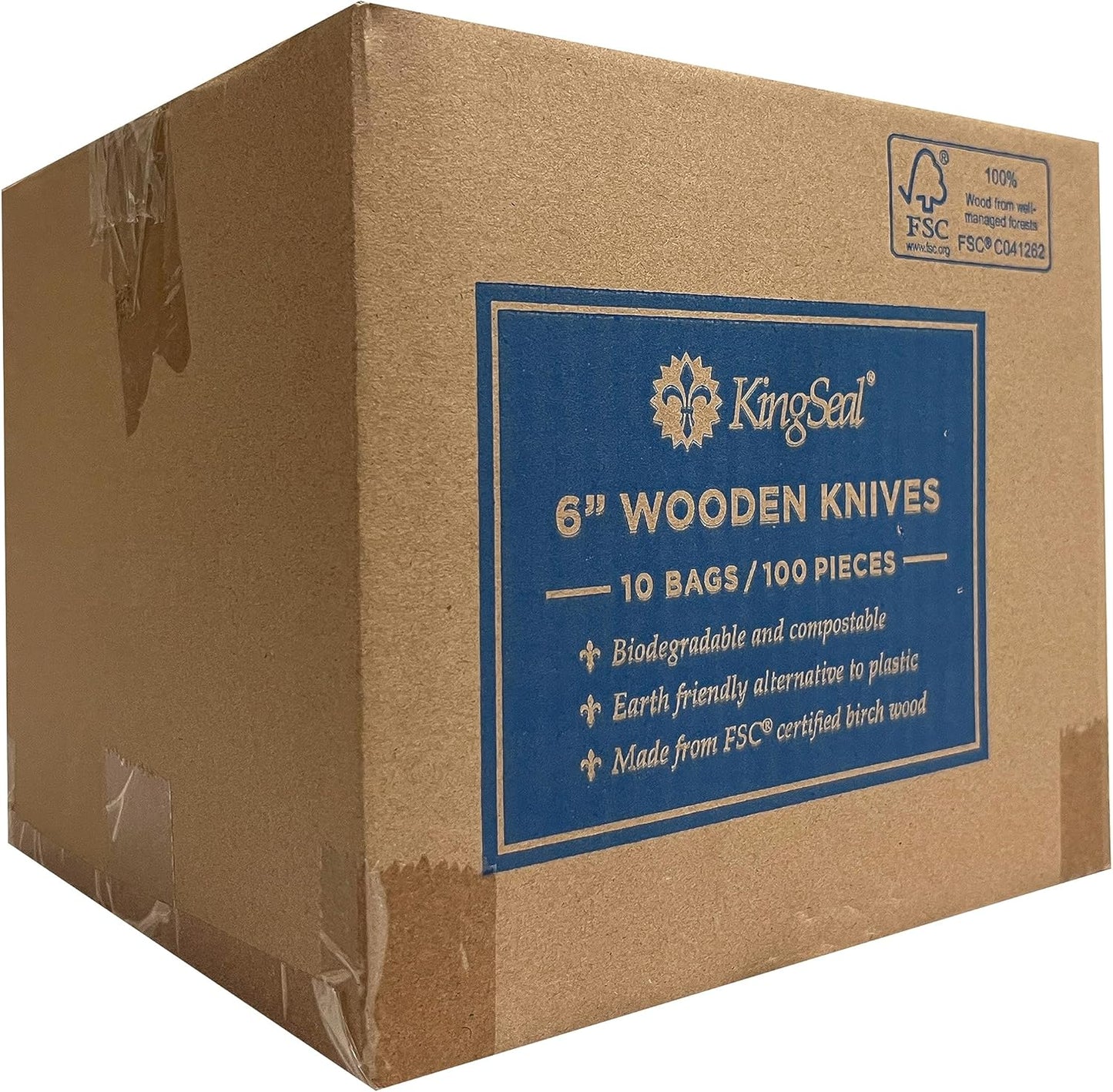 KingSeal FSC Certified Disposable Wood Cutlery Knife, Biodegradable and Earth Friendly, 6.5 Inch Length - 100 Count