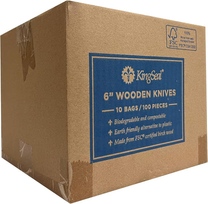 KingSeal FSC Certified Disposable Wood Cutlery Knife, Biodegradable and Earth Friendly, 6.5 Inch Length - 100 Count