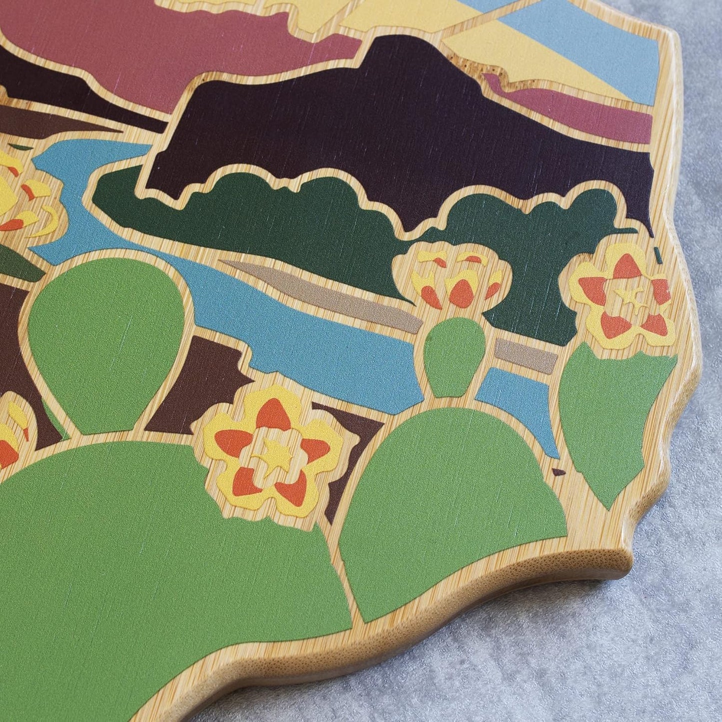 Totally Bamboo North Carolina State Shaped Cutting Board and Charcuterie Serving Platter with Artwork by Summer Stokes, Includes Hang Tie for Wall Display 18" x 8" x 5/8" - Colors B