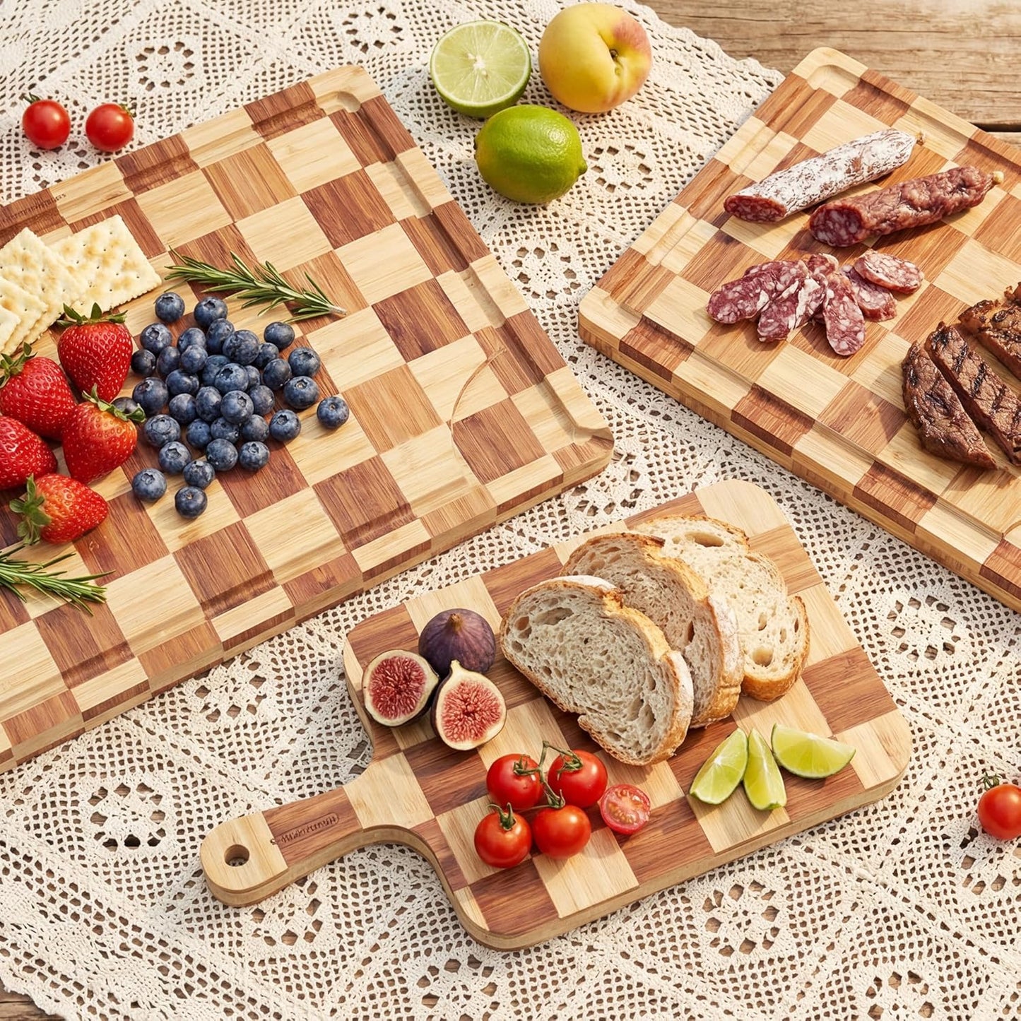 Cutting Board,Heavy Duty Cutting Board Set of 3 with Stand,End Grain Butcher Block Cutting Boards for Kitchen with Juice Grooves and Handles for Meat, Cheese, Charcuterie and Serving