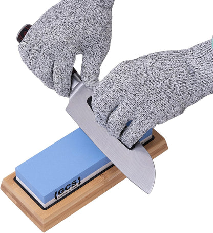 GCS Knives Sharpening Stone Set Dual Grit Whetstone 400/1000 3000/8000 Waterstone Set - Kitchen Knife Sharpener Wet Stones Kit - Flattening Stone, Angle Guide, Leather Strop, Cut Resistant Gloves