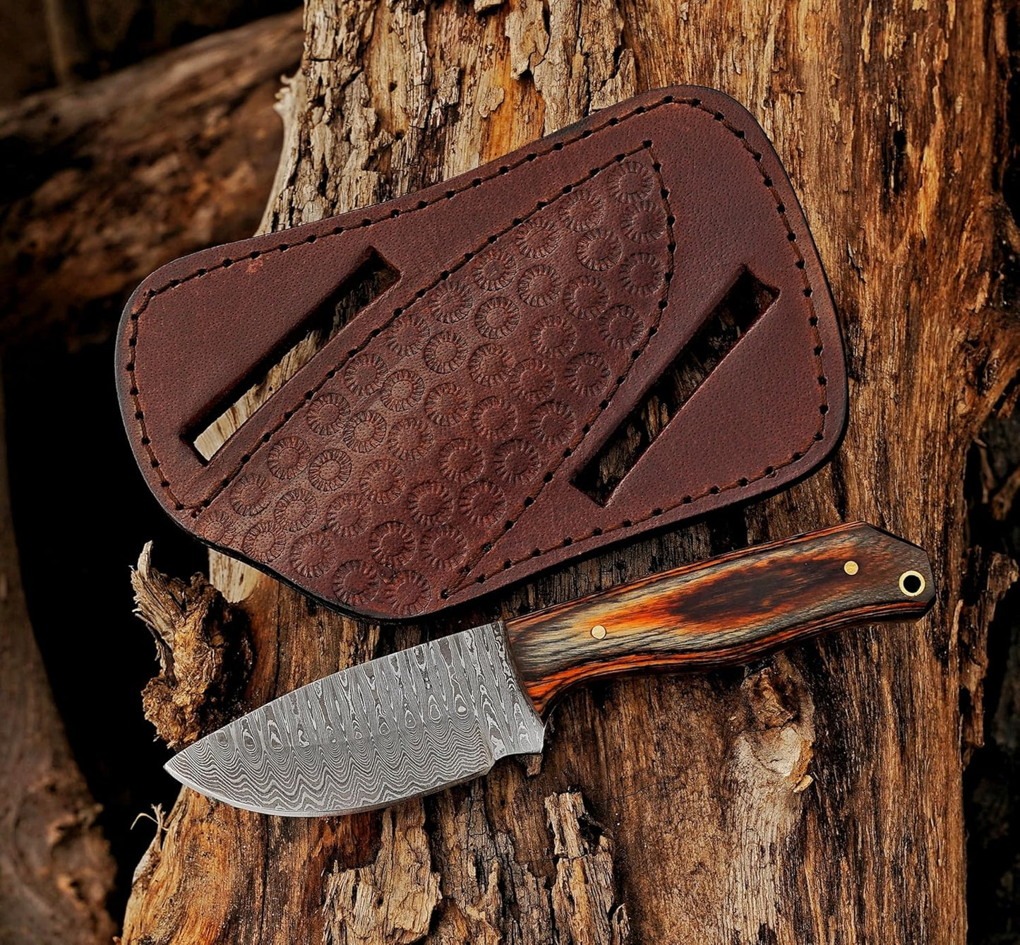 Damascus Steel Bushcraft Knife with Leather Sheath – 6" Fixed Blade Hunting Knife with Sheath for Men – Tactical Survival & Camping Knife for Outdoor Adventure