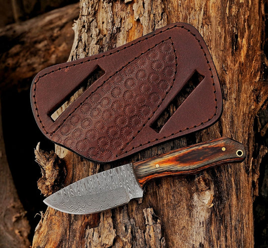Damascus Steel Bushcraft Knife with Leather Sheath – 6" Fixed Blade Hunting Knife with Sheath for Men – Tactical Survival & Camping Knife for Outdoor Adventure