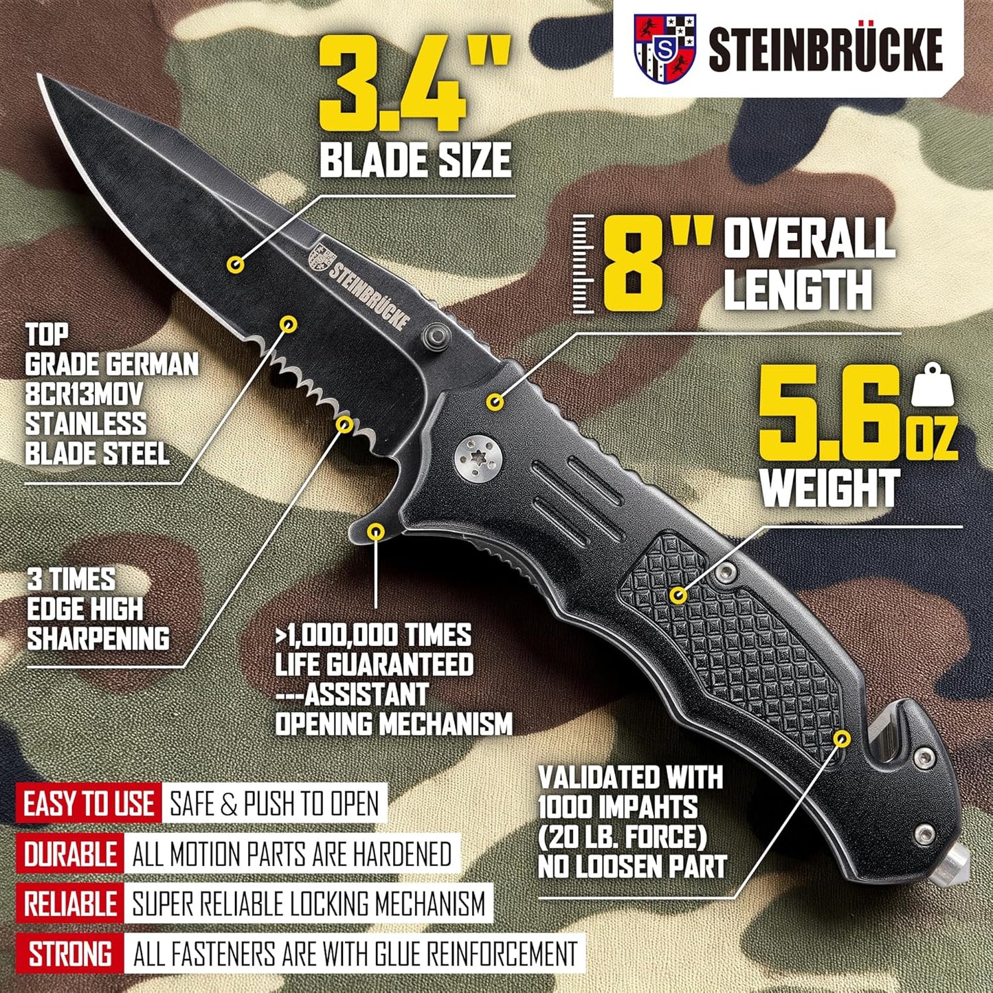 Steinbrucke Tactical Knife Pocket Knife Folding Stainless Steel 8Cr13Mov 3.4'' Blade, with Reversible Clip - Good Gift for Hunting Camping Survival Outdoor and Everyday Carry