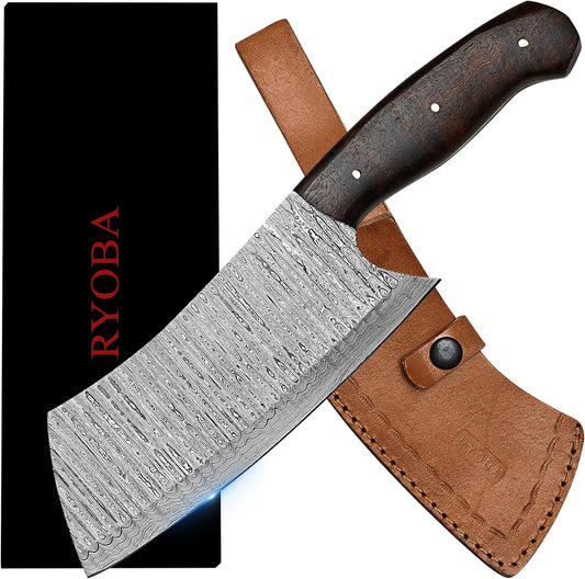 RYOBA Cleaver Knife, Butcher Knife, Meat knife, Cleaver Chef knife, Meat Cleaver Knife, 7 Inch Damascus Meat Cleaver Butcher Knive For Meat Cutting With Pakkawood Handle & Leather Sheath
