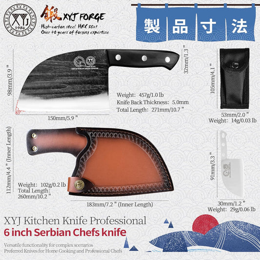 XYJ Authentic Since 1986,6 Inch Serbian Chef Knife With Sheath,Handmade Forged Ancient Outdoor Camping Kitchen Butcher Knife,Vegetable Cooking Meat Knives,Full Tang