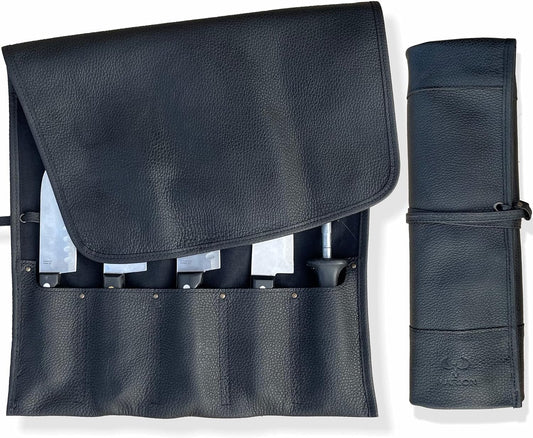 MARION - LA PETITE - Genuine Calf Top Grain Black Leather - Handcrafted Professional Chef's Knife Storage Roll Bag - 5 Pockets