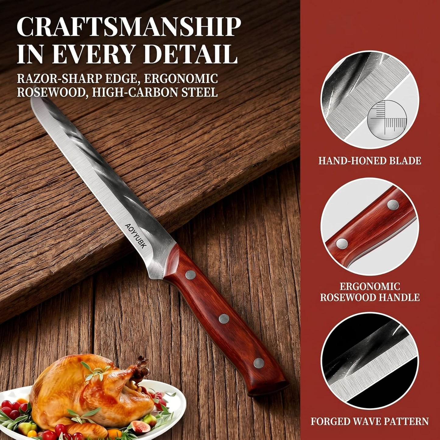 8" Carving Knife - Professional Brisket Slicing Knife for BBQ, Turkey, Ham | High Carbon Stainless Steel | Rosewood Handle | Gift Box Included
