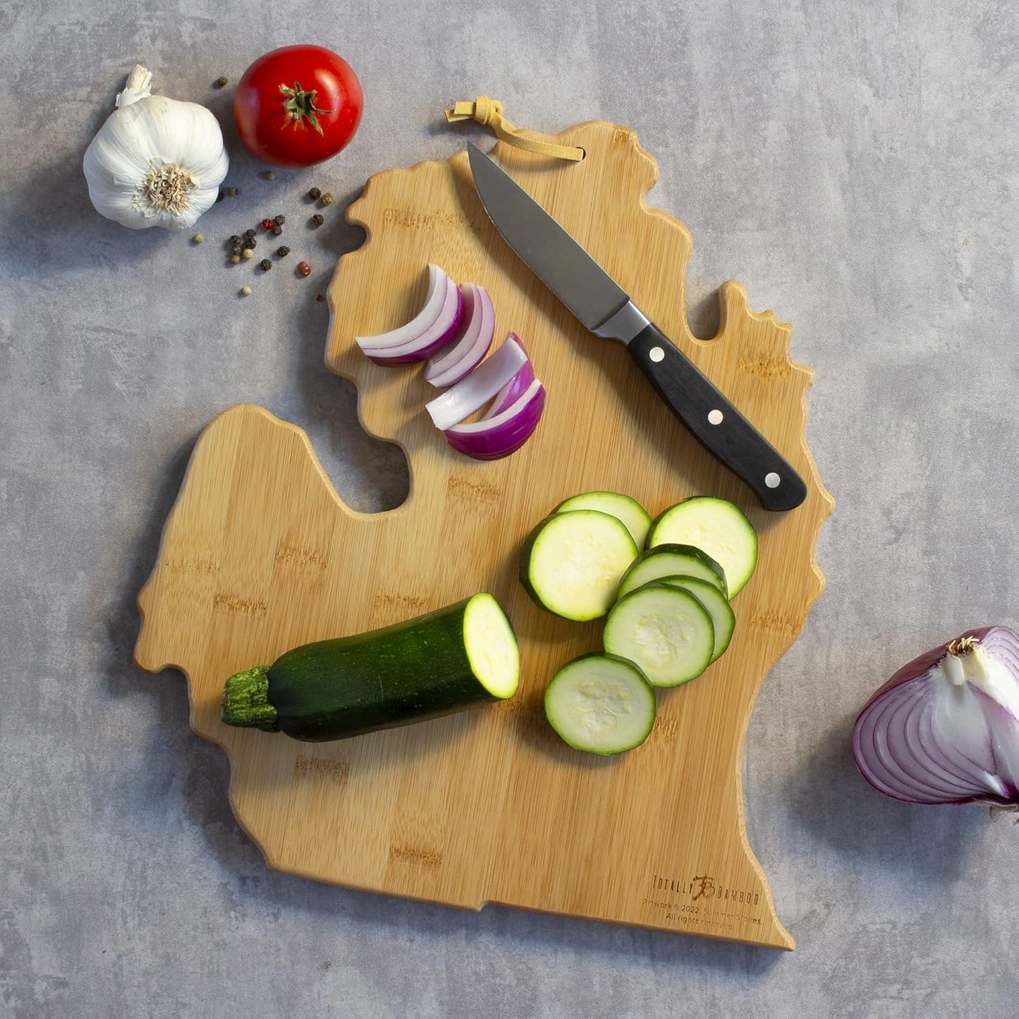 Totally Bamboo North Carolina State Shaped Cutting Board and Charcuterie Serving Platter with Artwork by Summer Stokes, Includes Hang Tie for Wall Display 18" x 8" x 5/8" - Colors B