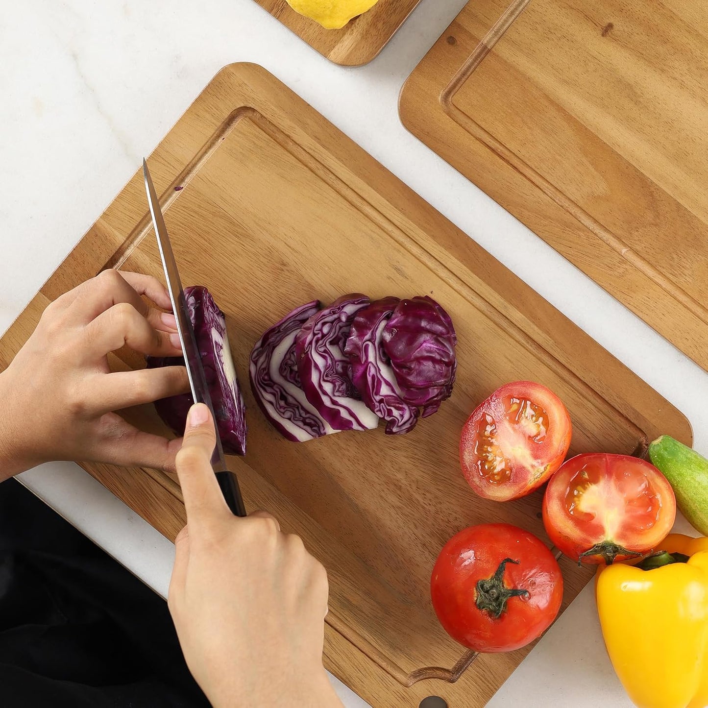Sango Acacia Cutting Board Set with Juice Grooves and Partitions for Serving, 3-Piece- Wood Chopping Boards, Stackable & Reversible for Kitchen, Non-Toxic, Perfect as Butcher Block Countertop, Atelier