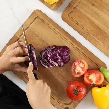 Sango Acacia Cutting Board Set with Juice Grooves and Partitions for Serving, 3-Piece- Wood Chopping Boards, Stackable & Reversible for Kitchen, Non-Toxic, Perfect as Butcher Block Countertop, Atelier