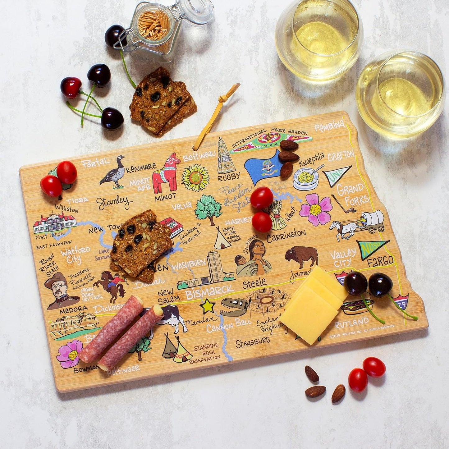 Totally Bamboo Tennessee State Shaped Cutting Board and Charcuterie Serving Platter with Artwork by Fish Kiss, Includes Hang Tie for Wall Display - Colors A
