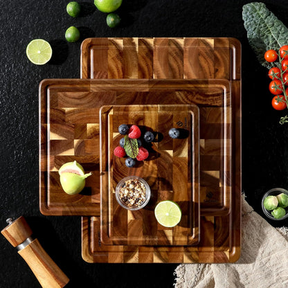 End Grain Cutting Board for Kitchen with Non-slip Feet, Acacia Wood Heavy Duty Checkered Cutting Board Upgraded Chopping Board with Juice Groove & Handle Large Wooden Butcher Block with Gift Box