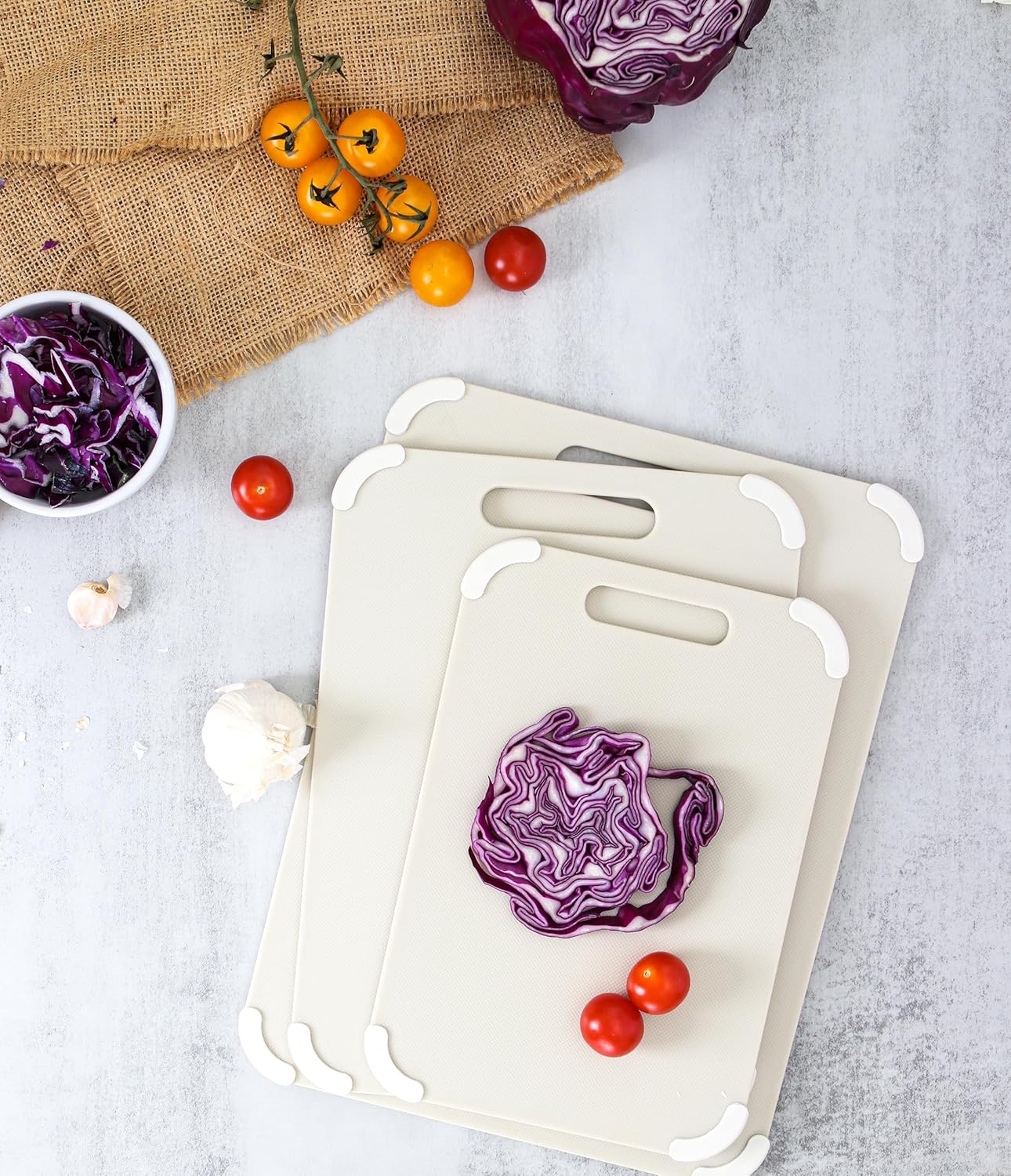 Dexas Fresh Prep 3-Pack Non-Slip Cutting Board Set – Dishwasher Safe Plastic Boards with Silicone Grip Corners & Handle, Sage (14.17" x 10.63", 12.6" x 9.06", 11.02" x 7.48")