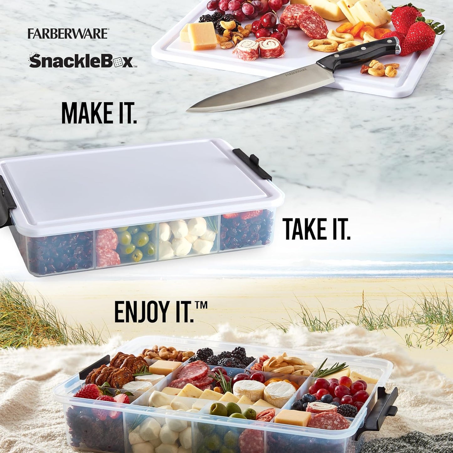 Farberware Build Snacklebox Serving Tray with Locking Bamboo Cutting Board Lid, Portable Storage Container with Compartments for Charcuterie, and More, Natural
