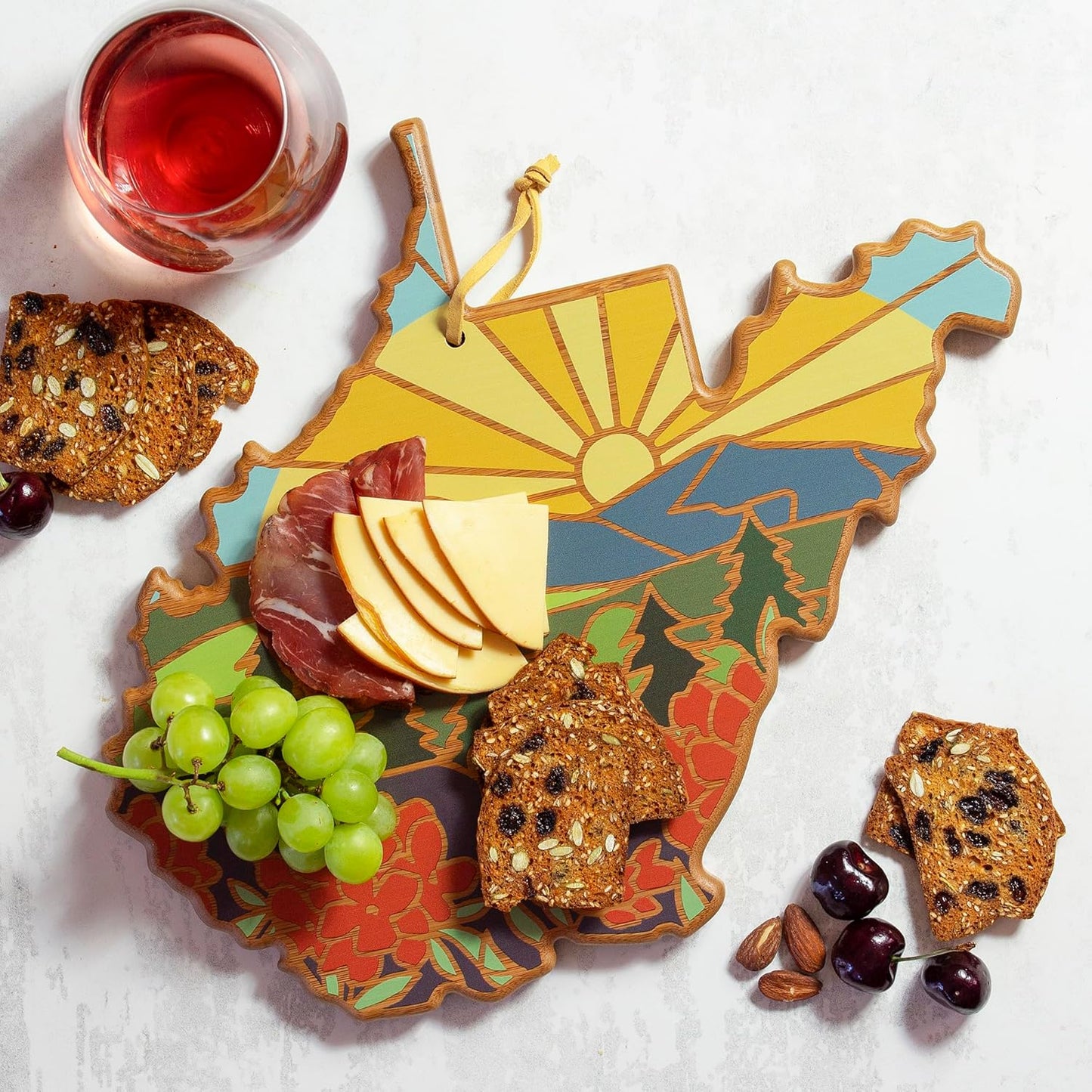 Totally Bamboo North Carolina State Shaped Cutting Board and Charcuterie Serving Platter with Artwork by Summer Stokes, Includes Hang Tie for Wall Display 18" x 8" x 5/8" - Colors A