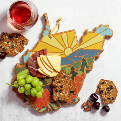 Totally Bamboo North Carolina State Shaped Cutting Board and Charcuterie Serving Platter with Artwork by Summer Stokes, Includes Hang Tie for Wall Display 18" x 8" x 5/8" - Colors A