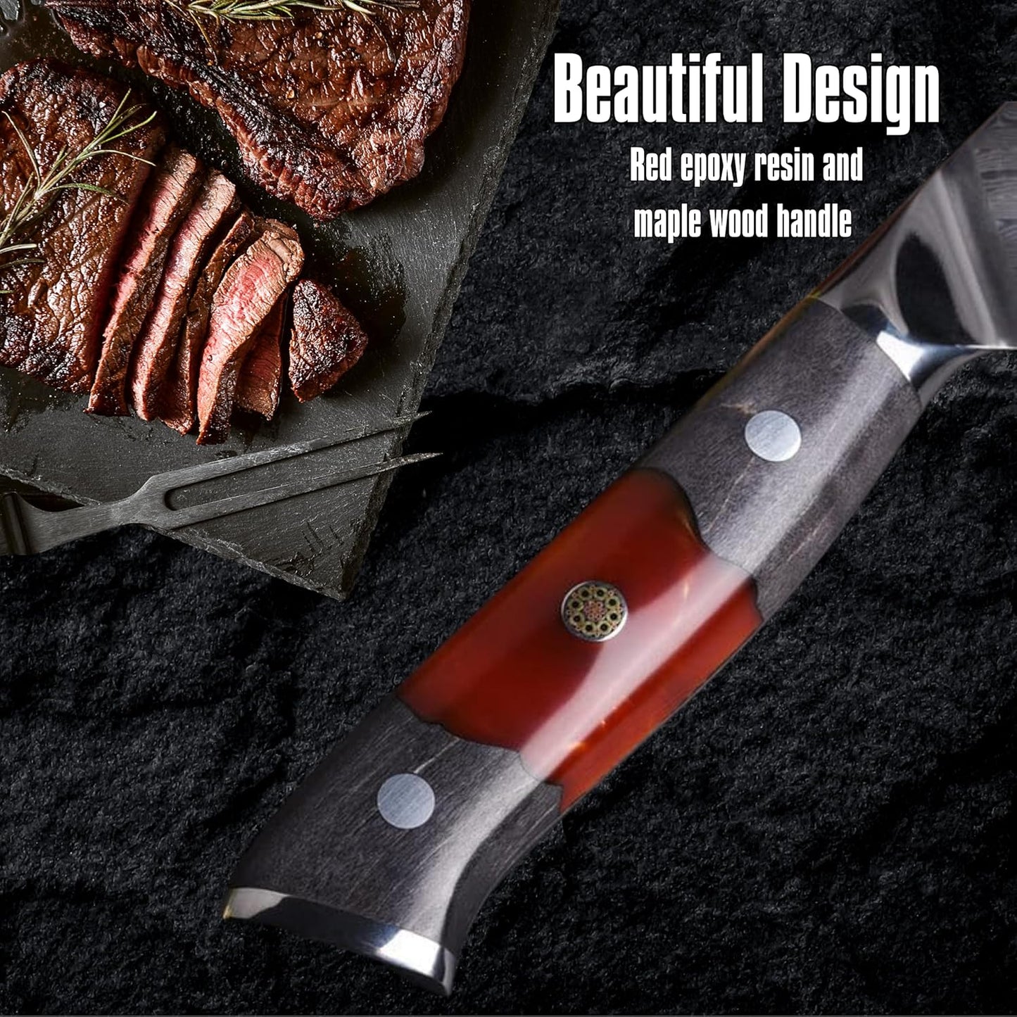 Nordic New Sparta Series Pro Kiritsuke Damascus Chef Knife, Japanese VG10 Super Steel, 67 Layers Damascus Steel, Resin and Maple Wood Handle and Leather Sheath (Kiritsuke Knife)