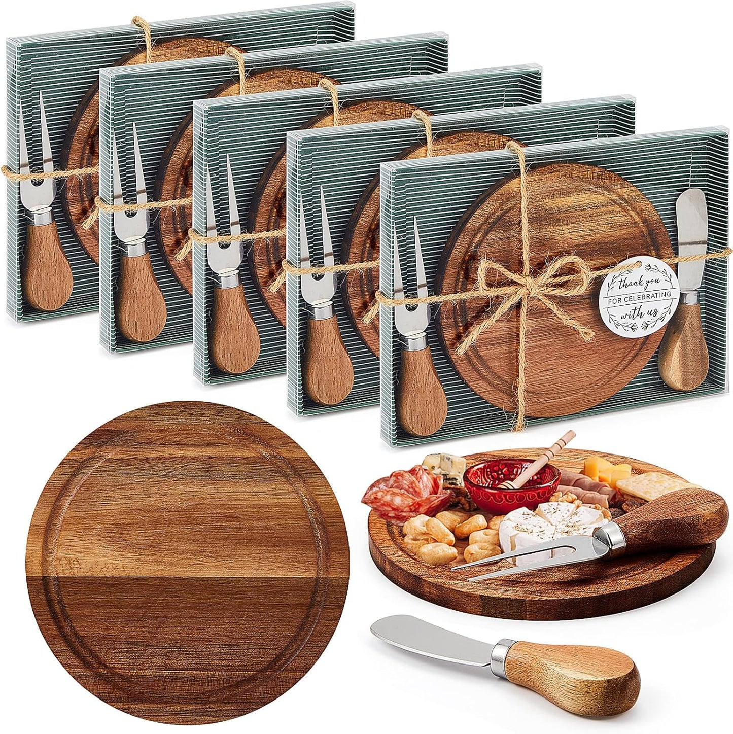 Maxcheck 18 Sets Baby Shower Bridal Game Prizes for Winners Round Cheese Board Set Wood Mini Charcuterie Board with Knives and Forks Thank You Card with Gift Box for Guests Wedding (Bamboo)
