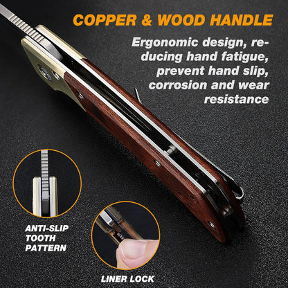 FLISSA Pocket Knife, Folding Knife with D2 Steel Blade, Ball Bearing, Elegant Copper & Wood Handle, Liner Lock, Pocket Clip, Cleaning Cloth, Perfect for EDC, Daily Use, Outdoor