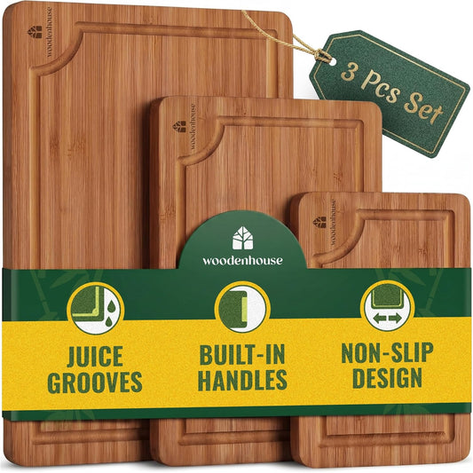 Wooden Cutting Board Set of 3 - Thick & Durable Bamboo Wood Cutting Boards for Kitchen - with Deep Juice Grooves & Built-In Handles - Large Surface, Easy to Clean - for Meat, Vegetables and Fruits