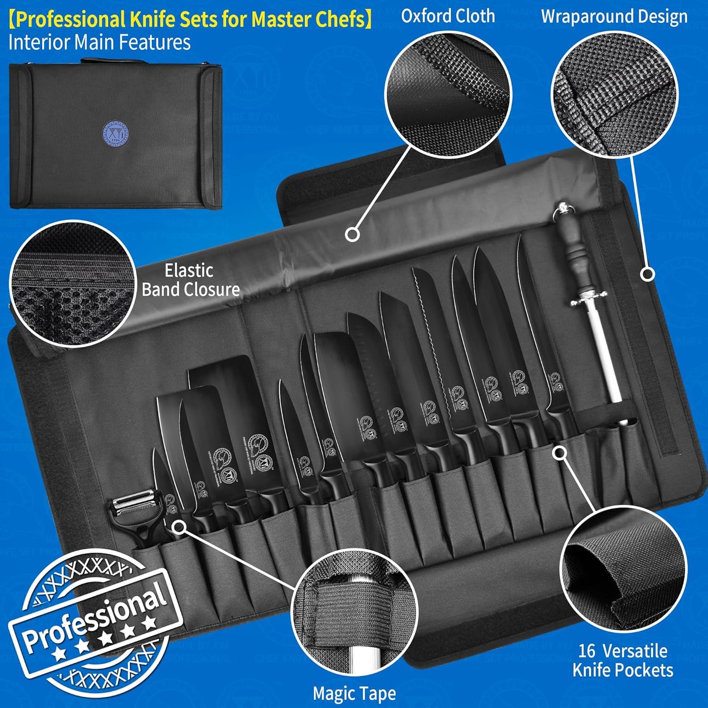 XYJ Professional Knife Sets for Master Chefs,Meat Cleaver Butcher for Camping,Chef Knife Set with Magnetic Knife Block,Stainless Steel Kitchen Knives Tools Kit