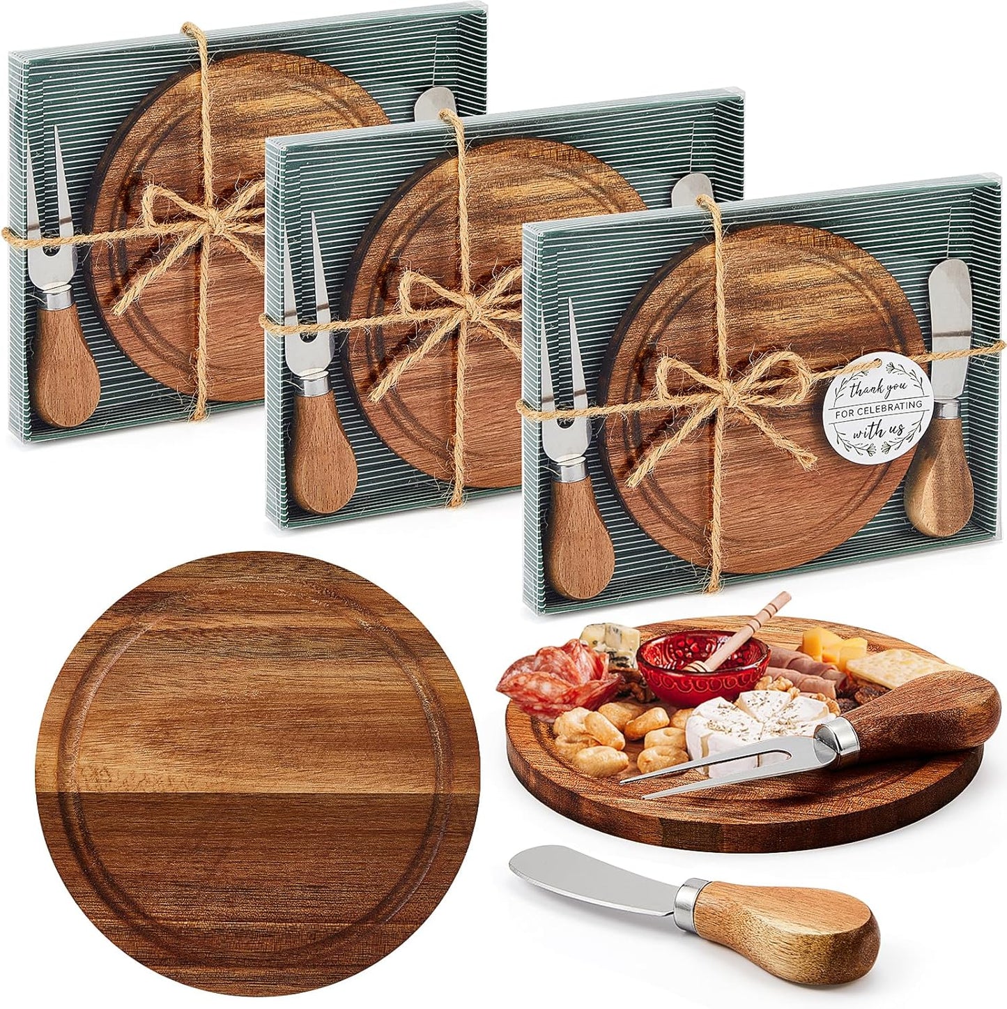 Maxcheck 18 Sets Baby Shower Bridal Game Prizes for Winners Round Cheese Board Set Wood Mini Charcuterie Board with Knives and Forks Thank You Card with Gift Box for Guests Wedding (Bamboo)