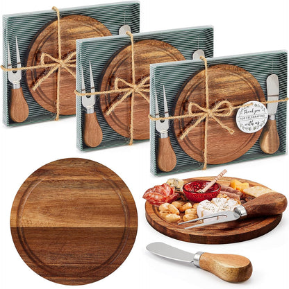 Maxcheck 18 Sets Baby Shower Bridal Game Prizes for Winners Round Cheese Board Set Wood Mini Charcuterie Board with Knives and Forks Thank You Card with Gift Box for Guests Wedding (Bamboo)