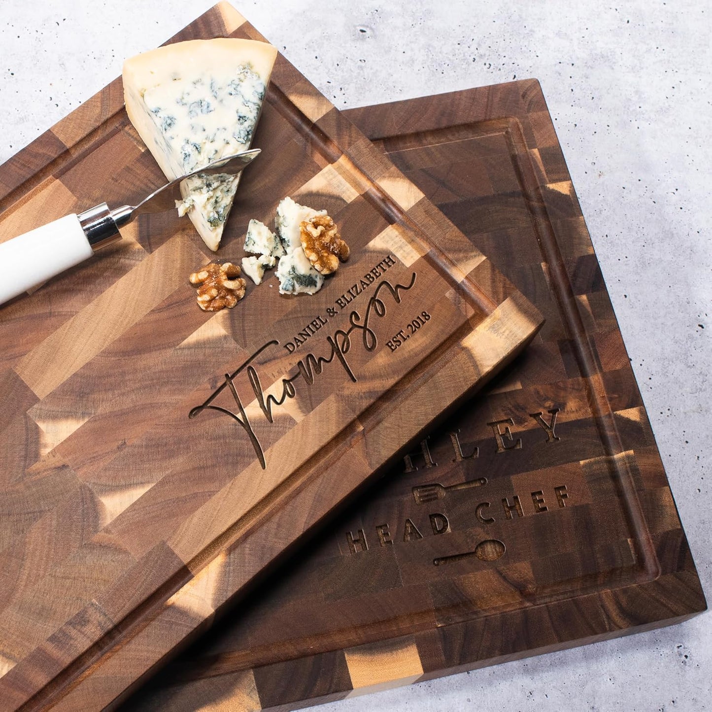 Personalized End Grain Acacia Wood Cutting Board - Custom Engraved Butcher Block with Name & Date - Deep Juice Groove, 2 Size Options - Housewarming, Wedding, Chef Gift