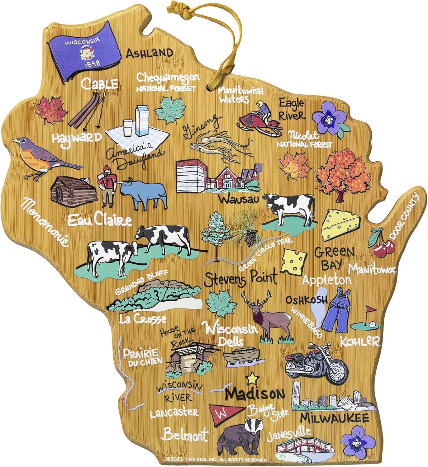 Totally Bamboo Tennessee State Shaped Cutting Board and Charcuterie Serving Platter with Artwork by Fish Kiss, Includes Hang Tie for Wall Display - Colors A