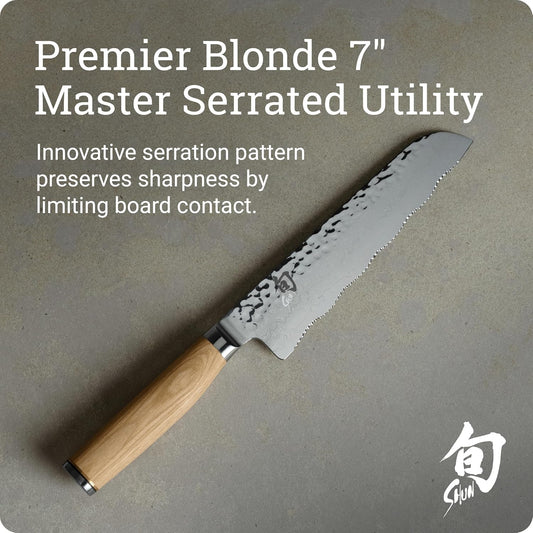 Shun Premier Blonde 7" Master Serrated Utility Knife, Handcrafted Japanese Knife, VG-MAX Core with Damascus Stainless Steel Cladding, Pakkawood Handle, Precision and Sharpness